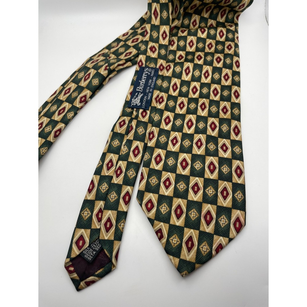 Burberrys Mens Vintage Silk Tie Green Gold Burgundy Geometric Diamond England